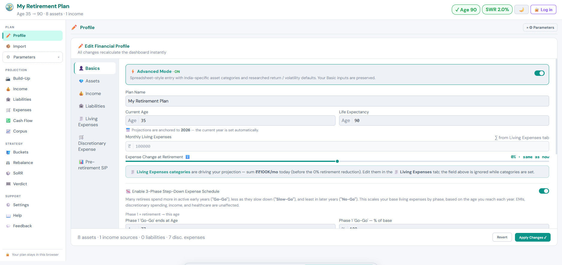 Edit Profile tab of the InvestApps Retirement Planner