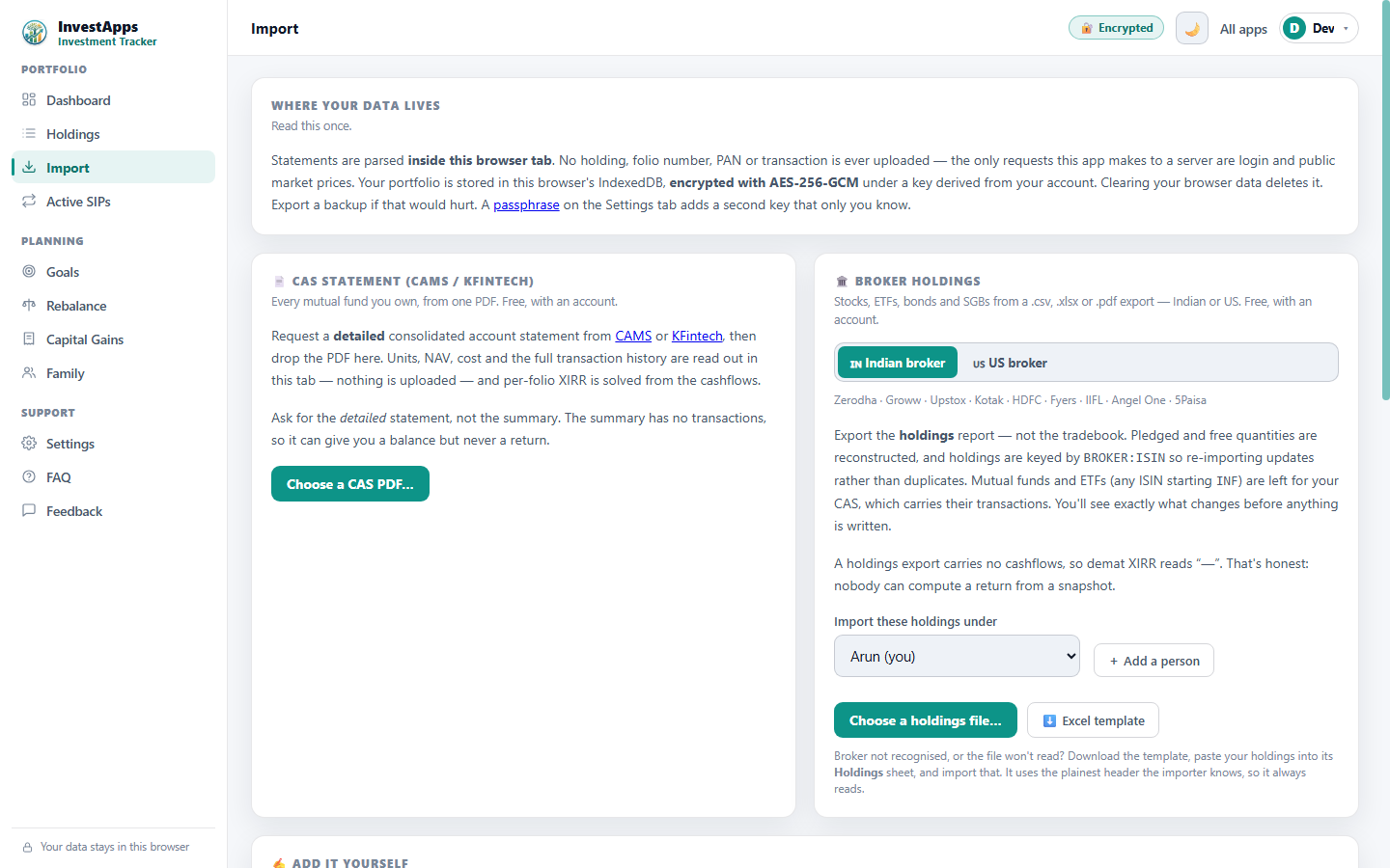 Import tab of the InvestApps Investment Tracker