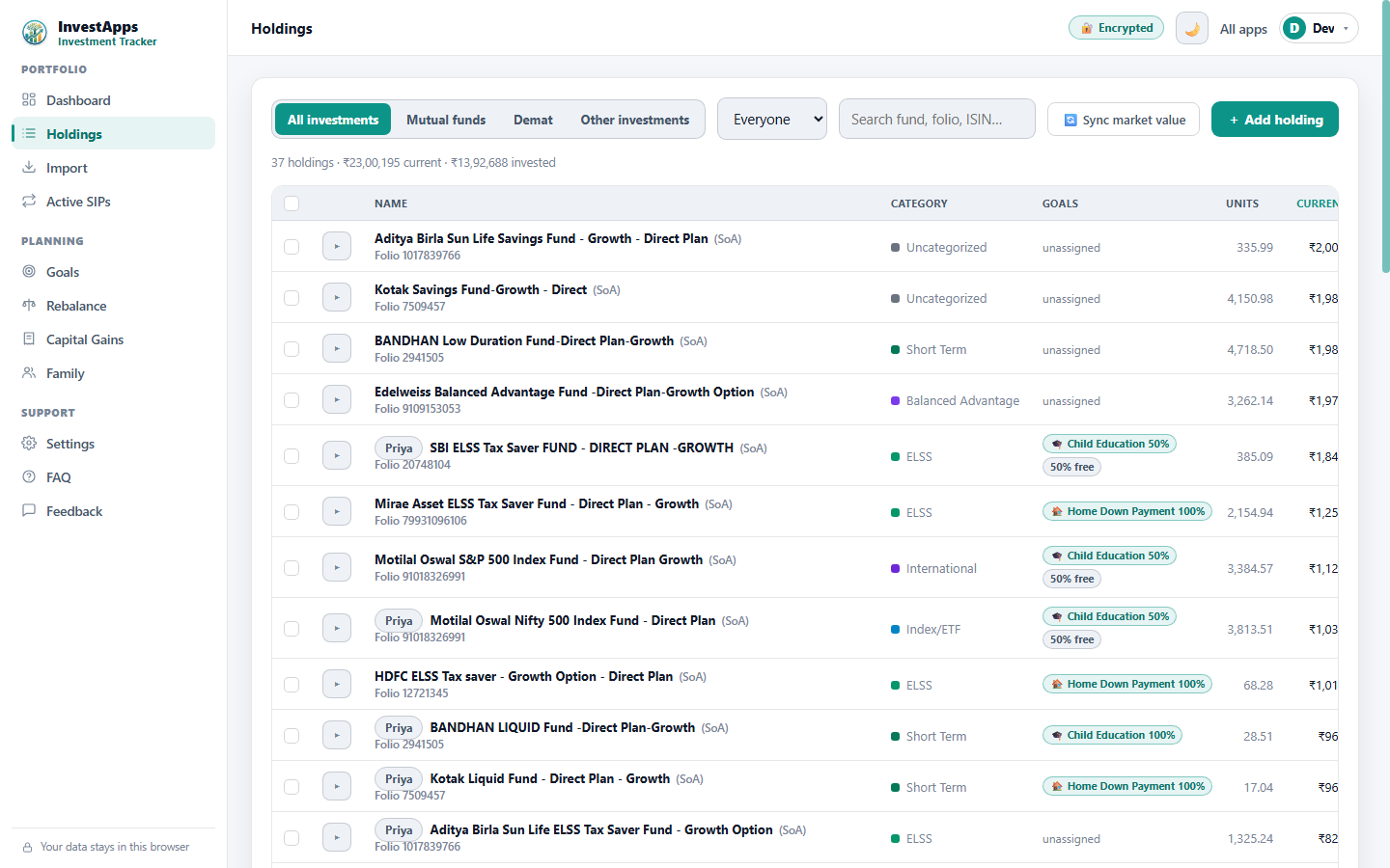 Holdings tab of the InvestApps Investment Tracker