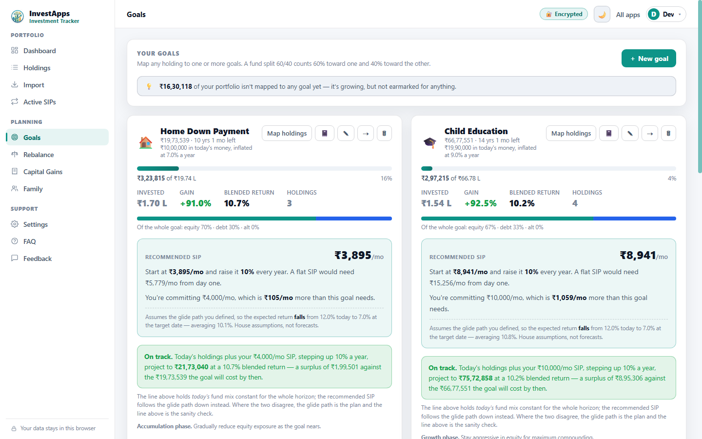 Goals tab of the InvestApps Investment Tracker