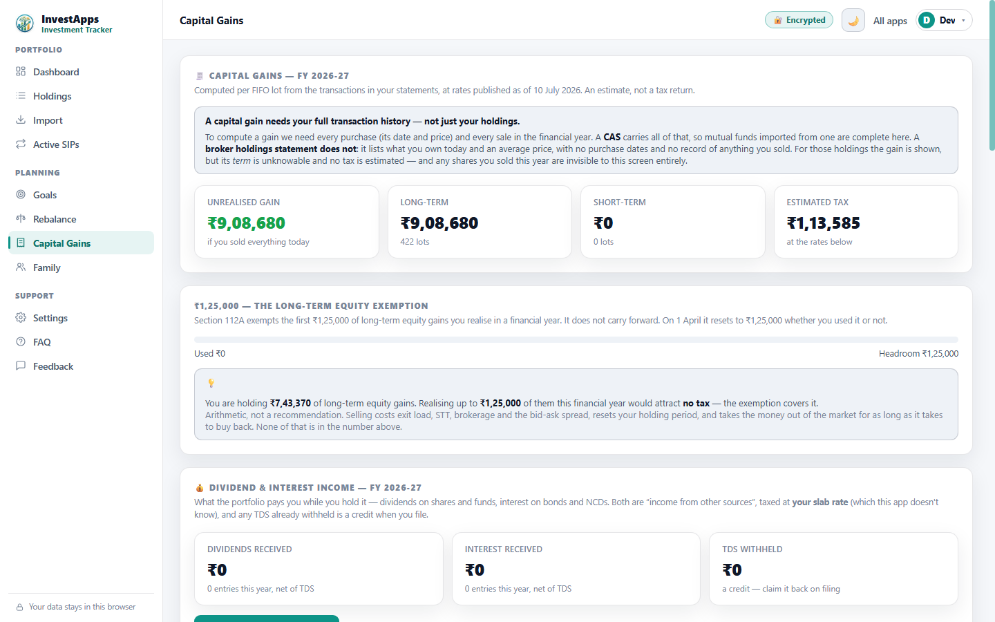 Capital Gains tab of the InvestApps Investment Tracker