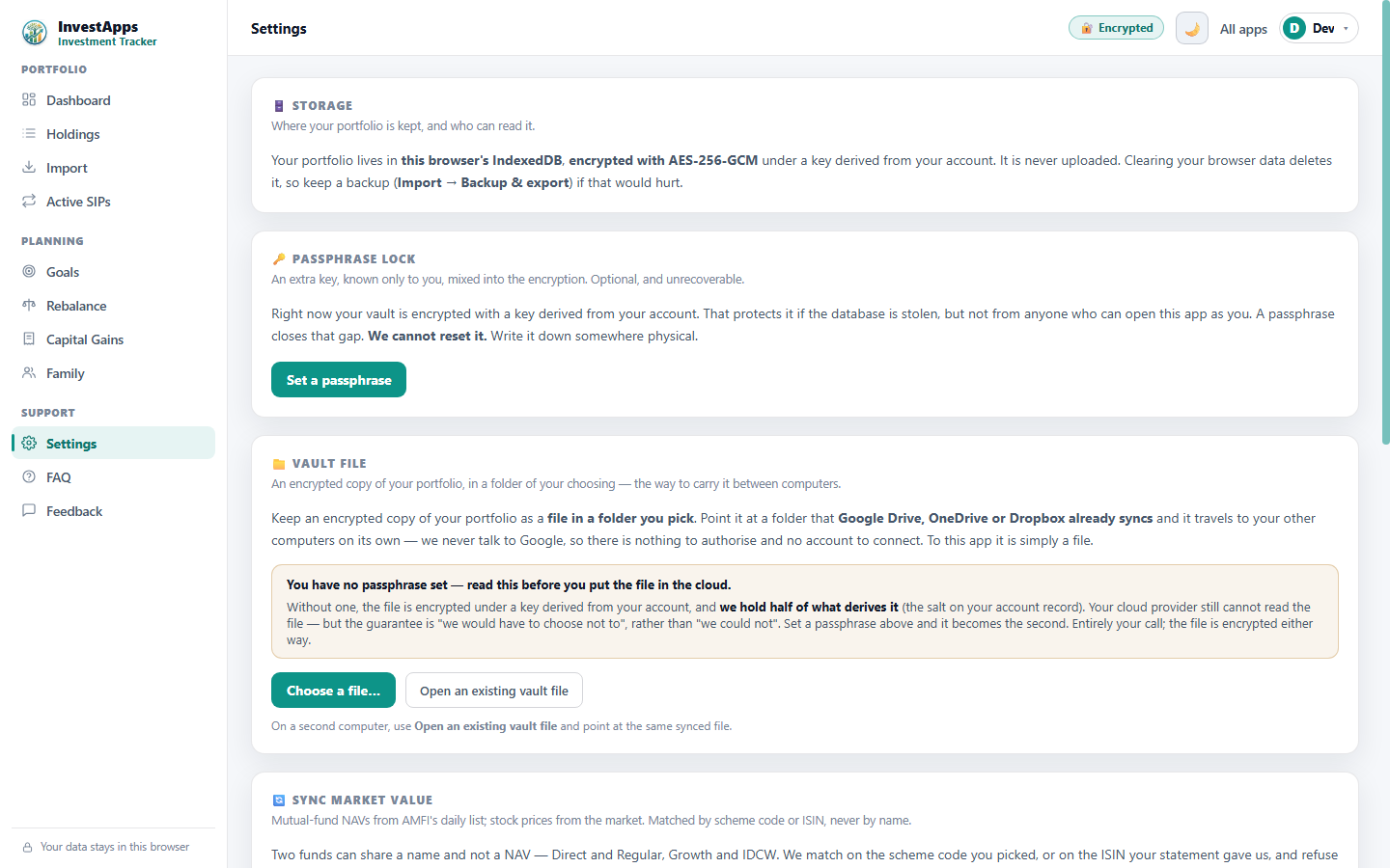 Settings tab of the InvestApps Investment Tracker